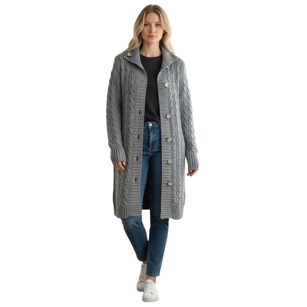 Esprit Wool blend Long Gray Cable-Knit Button Cardigan